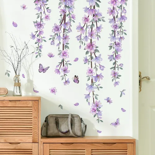 Vista 9 de Adhesivo de pared colgante, creativo, extraíble, DIY, de flores púrpuras y enredaderas, con algunas mariposas voladoras, adhesivo de vinilo