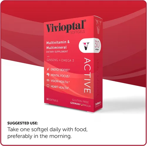 Vista 4 de Vivioptal Active, 30 cápsulas blandas, ginseng y omega 3, multivitamínico y multimineral, sin gluten, fórmula alemana