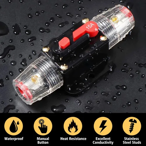 Vista 3 de Interruptor de disyuntor de 15 A, fusible impermeable, portafusible en línea, fusible reiniciable, reinicio manual, 12 V-48 V CC para sistema