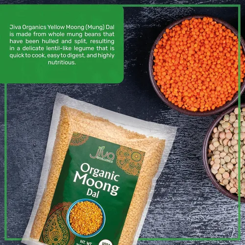 Vista 4 de Jiva Moong Dal amarillo orgánico, 2 libras, sin OMG, sin gluten, ideal para Kitchari, frijoles mungos amarillos partidos