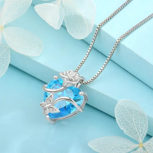 Vista 3 de FJ Collar de plata con piedra preciosa de mariposa infinita para mujeres y damas, joyería de flores y mariposas con piedra natal