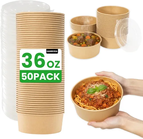 Vista 11 de 100 cuencos de papel desechables de 25 onzas (sin tapas), cuencos de sopa desechables, aptos para microondas, para sopa caliente, pasta, sándwiches