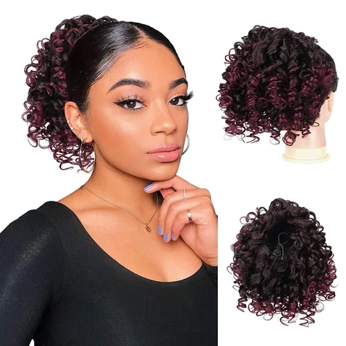 Vista 21 de PEACOCO Extensión de cola de caballo rizada con cordón para mujeres negras - Cola de caballo de 6 pulgadas con clip, postizo sintético de afro corto