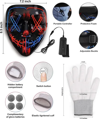 Vista 5 de Juego de guantes de esqueleto de máscara de Halloween, disfraces de Halloween, regalos para hombres, mujeres, niños y niñas, 3 modos de luz LED