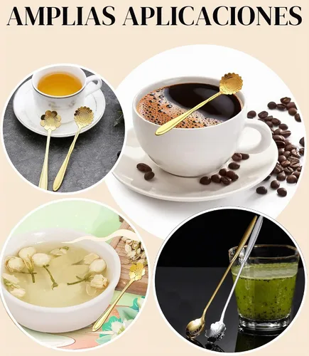 Vista 6 de Juego de 9 cucharas de café con diseño de flores, cucharas de té de acero inoxidable para decoraciones de fiesta de té (dorado)