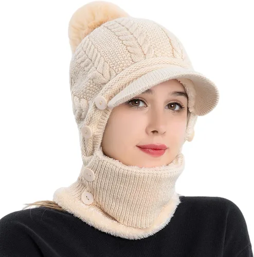 Vista 2 de HUAMULAN Gorro de invierno de una pieza para mujer, pasamontañas de forro polar, pasamontañas, máscara facial, bufanda, orejeras, esquí, nieve