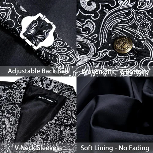 Vista 5 de Barry.Wang Chaleco victoriano de seda para hombre, conjunto de corbata con cuello a medida, chaleco gótico steampunk de cachemira, formal, fiesta