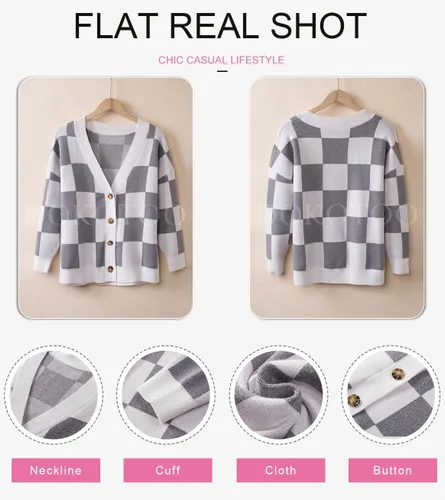 Vista 6 de Dokotoo - Suéter de punto trenzado, de manga larga con cuello en V a cuadros, estilo holgado para mujer