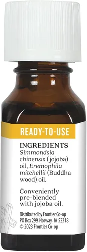 Vista 2 de Aura Cacia Aceite esencial de madera de Buda en aceite de jojoba GC/MS probado para pureza 0.5 onzas líquidas