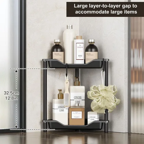 Vista 2 de Orimade Organizador de ducha esquinero de 2 niveles resistente a la oxidación, estante de esquina de piso de metal y plástico para baño, negro