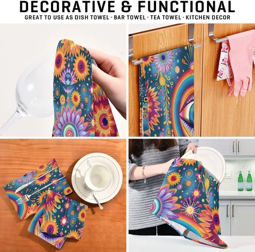 Vista 7 de GAIREG Psychedelic Colorful Retro Flowers Hand Towel Kitchen, 28x18 Inch Absorbent Spring Towels Kitchen