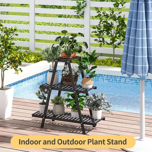 Vista 8 de Soporte de bambú para plantas interior/exterior, 3 niveles, negro, rectangular, 8 macetas para flores, estante para plantas