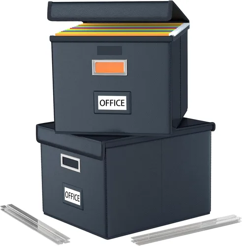 Vista 42 de Caja organizadora de archivos Huolewa con tapa, caja organizadora de carpetas de archivos colgantes de cuero sintético plegable con deslizadores