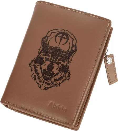 Vista 8 de Aikirin Billetera de cuero RFID personalizada pintada a mano sección vertical de gran capacidad con cremallera monedero tarjetero titular, Café-Wolf
