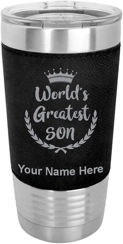 Vista 21 de LaserGram Vaso aislado al vacío de 20 onzas, el hijo más grande del mundo, grabado personalizado incluido (piel sintética, estilo béisbol)