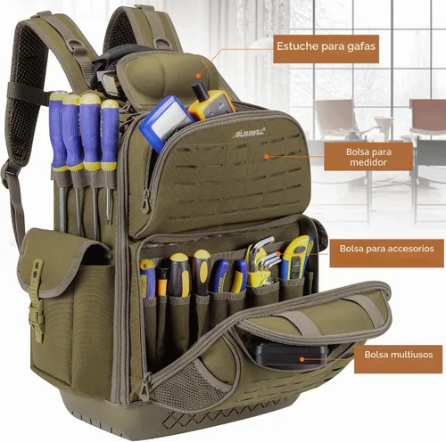 Vista 3 de Mochila de herramientas resistente para hombres, base moldeada impermeable Caqui oscuro