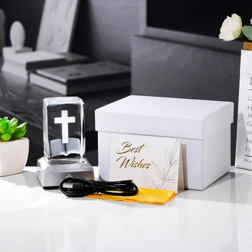 Vista 3 de YWHL Figura de Cruz de Cristal 3D con Base de Luz Colorida, Grabada Láser, Regalos Religiosos Bíblicos para Mujeres y Hombres, Decoración Cristiana