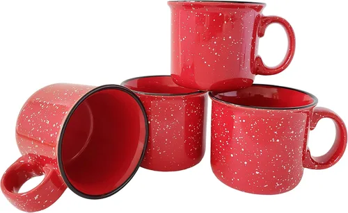 Vista 9 de Taza de café de cerámica de 14 onzas (juego de 4), color azul con acabado moteado, taza duradera de pared gruesa estilo campamento para exteriores