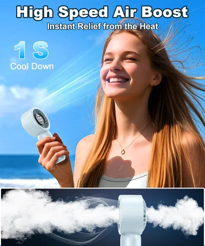 Vista 5 de Ventilador turbo portátil de mano con pantalla LED, refrigeración turboalimentada de 32 pies, larga duración, 5 velocidades de 4 onzas, ligero