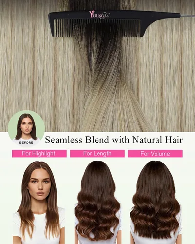 Vista 40 de YoungSee Extensiones de Cabello Humano con Cinta Balayage Extensiones de Cabello con Cinta Marrón Oscuro Extensiones de Cabello con Cinta Ombre