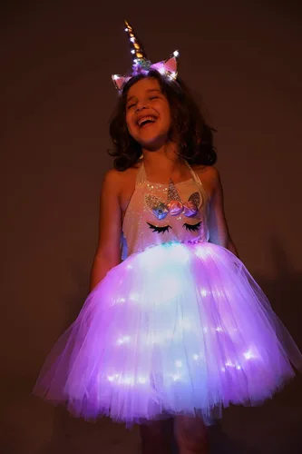 Vista 5 de Disfraz de princesa de unicornio para niñas, disfraz de fiesta de cumpleaños con luz LED, vestido de tutú de Halloween con diadema