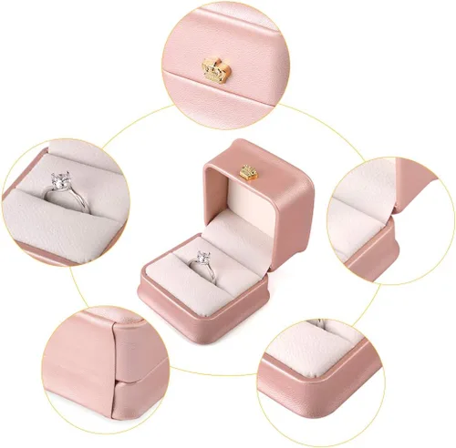 Vista 4 de iSuperb Juego de 2 cajas de anillo rosa para propuesta, caja de regalo de compromiso para parejas, caja de regalo de piel sintética, aretes