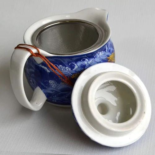 Vista 4 de Porcelain Teapot 12oz Chinese Dargon Waves Pattern Stainless Mash Infuser for Loose Tea (Blue)