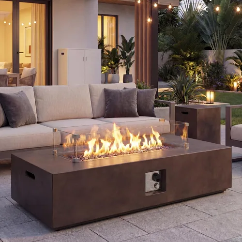 Vista 17 de COSIEST mesa de fogata a propano para exteriores de 35 pulgadas cuadrada de arenisca con protector contra el viento y mesa lateral, certificada