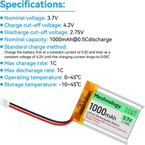Vista 8 de Batería Lipo de 3.7V 1000mAh 803040 Batería recargable de polímero de litio con cable de cargador USB, conector micro Ph1.25, circuito de protección