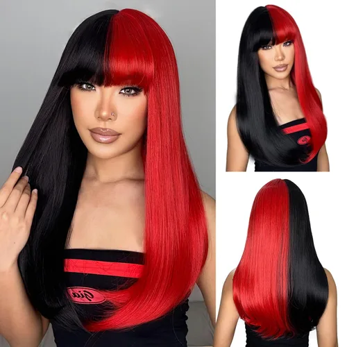 Vista 11 de Pelucas castañas para mujer, peluca larga y recta con flequillo, color marrón rojizo, cosplay, resistente al calor, peluca sintética de cobre rojo