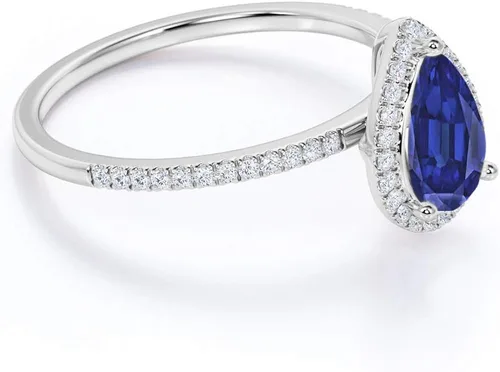 Vista 3 de PB Collection Anillo de compromiso de zafiro azul en forma de pera de plata de ley 925, chapado en oro blanco de 14 quilates
