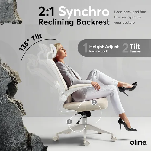 Vista 4 de Oline ErgoAir Silla de oficina ergonómica – Soporte lumbar ajustable, reposabrazos abatibles, silla de escritorio de malla para computadora, silla