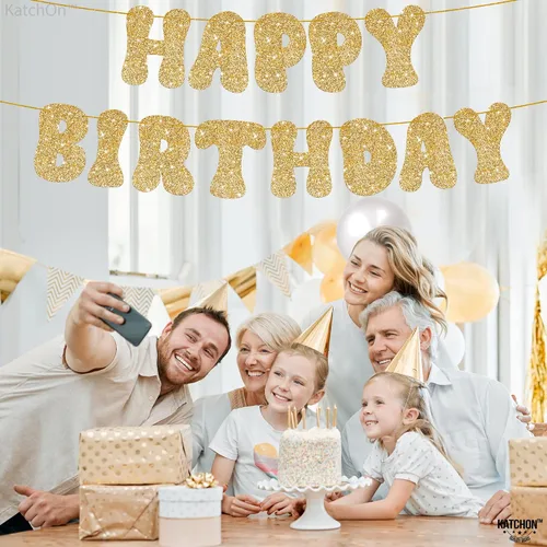 Vista 8 de KatchOn, Cartel de feliz cumpleaños dorado con purpurina – Pre-encordado, 10 pies Cartel dorado de feliz cumpleaños para niñas y niños Cartel