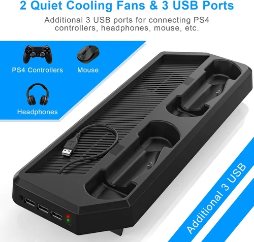 Vista 5 de Estación de carga de controlador para PS4PS4 SlimPS4 Pro, soporte vertical PS4 con estación de carga de doble controlador, ventilador