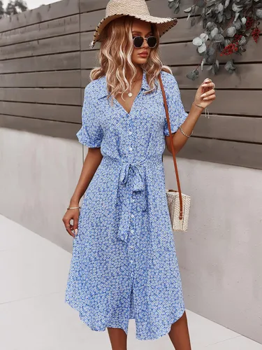 Vista 4 de SOLY HUX Womens Summer Dress Casual Ditsy Floral Tie Front Button Up Boho Midi Tshirt Dresses