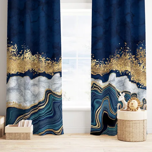 Vista 14 de YCness Cortinas de Mármol Geométricas, Azul Marino Dorado Geometría Abstracta Patrón Hexagonal Textura Tratamientos para Ventanas para Dormitorio