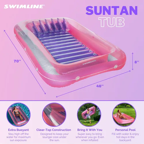 Vista 2 de SWIMLINE Original Suntan Tub Series - Flotador flotante inflable clásico Tumbona híbrida personal para piscina Almohada ajustable Relleno