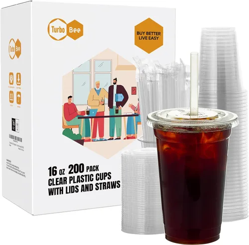 Vista 12 de Turbo Bee 200 juegos de vasos de plástico transparente de 12 onzas con tapas y pajitas, tazas de café helado desechables para llevar con tapas