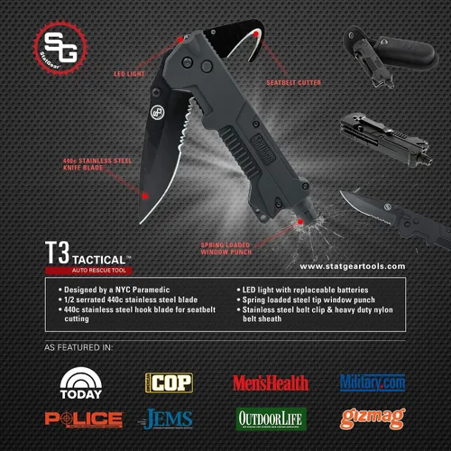 Vista 2 de StatGear Herramienta táctica de rescate automático T3 - Cuchillo de rescate plegable, rompevales de vidrio, cortador de cinturón de seguridad