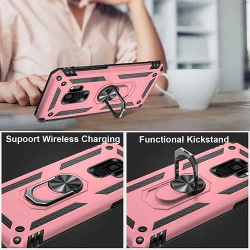 Vista 5 de IKAZZ Funda protectora para Galaxy S9, grado militar, a prueba de golpes, resistente, para pasar la prueba de caída de 16 pies con soporte Oro Rosa