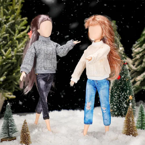 Vista 4 de Juego de 8 piezas de ropa de muñeca de 11.5 pulgadas, suéteres de algodón y pantalones de jean, accesorios para muñeca (suéter de cuello redondo)