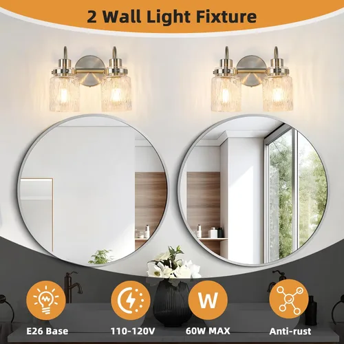 Vista 6 de 2 luces de tocador de baño, lámparas de baño de níquel cepillado con pantalla de vidrio martillado para tocador, sobre espejo, pasillo