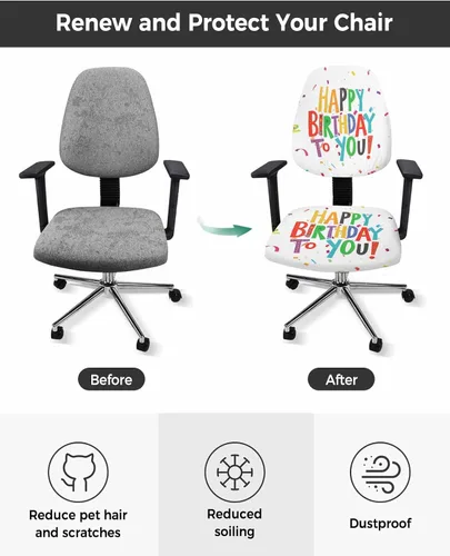 Vista 3 de Funda elástica para silla de oficina con texto en inglés «Happy Birthday» para silla de computadora, respaldo, cinta de colores, arte abstracto