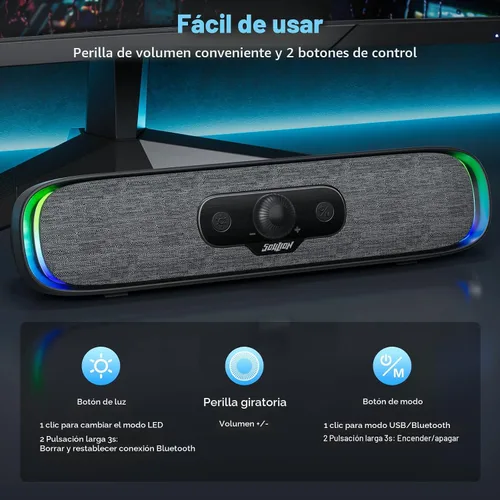 Vista 4 de SOULION R200 Altavoces Bluetooth para Computadora, Altavoces Compactos para PC, Altavoz de Escritorio USB C/USB Plug & Play con Luces LED Coloridas