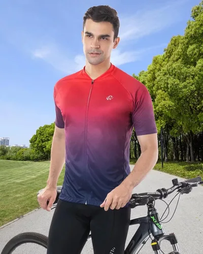 Vista 4 de ROTTO Camiseta de ciclismo de manga corta para hombre, color degradado, serie Pro con bolsillo trasero con cremallera, L