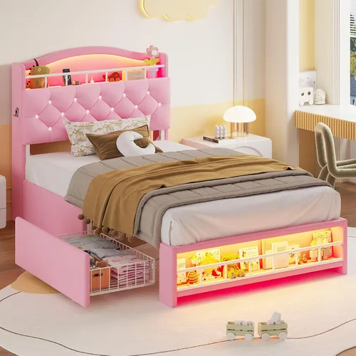 Vista 12 de HAUOMS Cama de princesa individual con luces LED y 4 cajones para niñas
