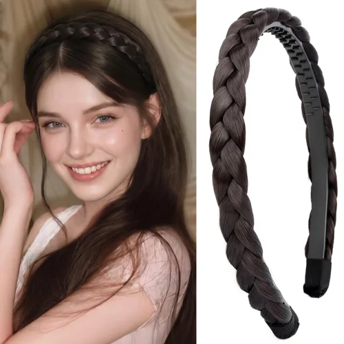 Vista 31 de Ancho de 1.5 cm Banda de pelo sintético trenzada estrecha con dientes para mujeres y niñas (Negro)