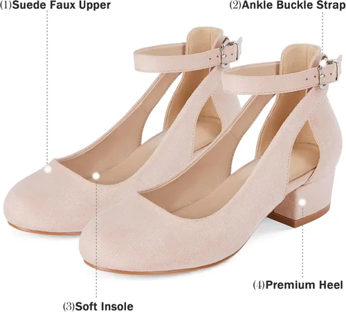 Vista 2 de Coutgo Zapatos de vestir de tacón bajo para niñas, bonitos tacones bajos y gruesos, correa de tobillo, hebilla Mary Jane Princess