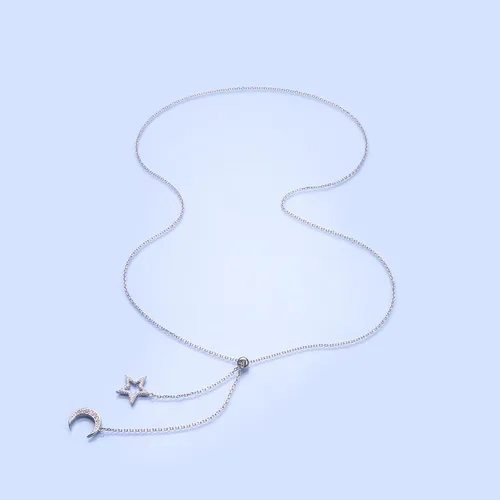 Vista 2 de Collar de doble capa de plata esterlina S925 en forma de Y Lariat collar de cadena larga para mujeres y niñas