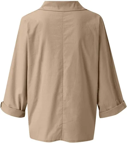 Vista 3 de Blusa de lino con cuello en V para mujer, talla grande, holgada, lisa, casual, sencilla